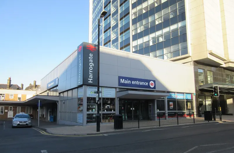 The modern main entrance of Harrogate station on Station Parade