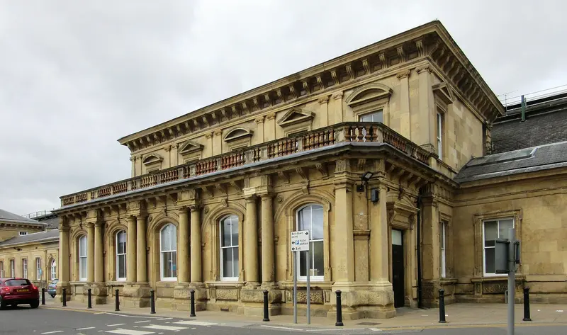The Italianate stone station building at Hull Paragon with columns and a balustrade