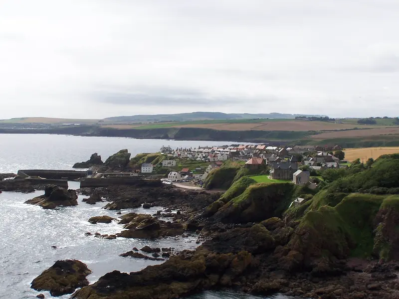 The village of St Abbs and its rocky shore seen from the headland, with fields rising behind